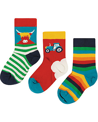 Frugi Pacco da 3 Calzini Little Socks - Trattore - Cotone Bio elasticizzato Calzini