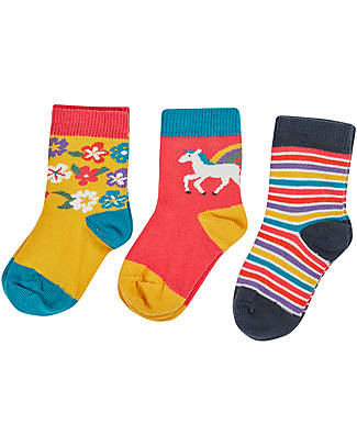 Frugi Pacco da 3 Calzini Little Socks - Unicorno/Arcobaleno/Fiori - Cotone Bio Calzini