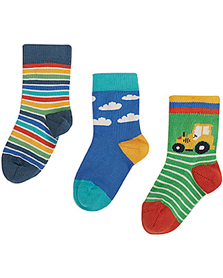 Frugi Pacco da 3 Calzini Little Socks - Verde/Trattore - Cotone bio elasticizzato Calzini