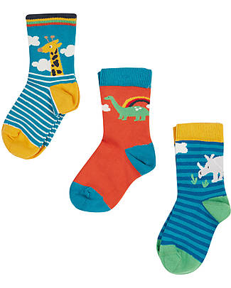 Frugi Pacco da 3 Calzini - Righe/Dino - Cotone Organico Calzini