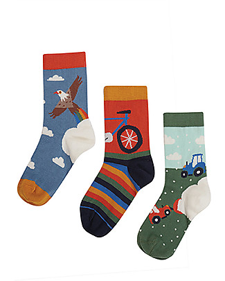 Frugi Pacco da 3 Calzini Rock my Socks - Arcobaleno/Bici - Cotone Bio Calzini