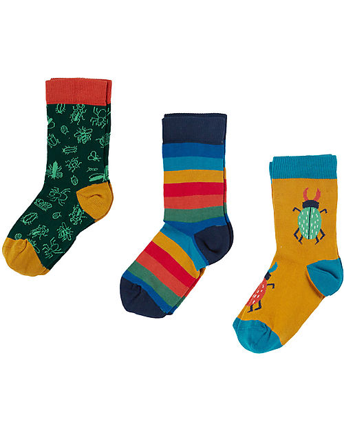 Frugi Pacco da 3 Calzini Rock my Socks - Arcobaleno/Insetti - Cotone Bio Calzini