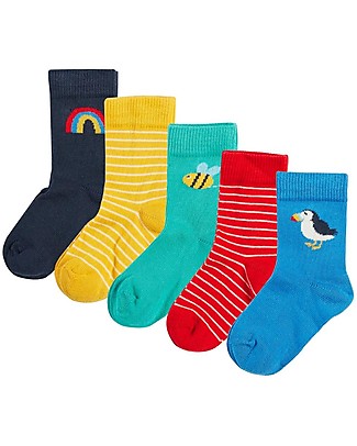 Frugi Pacco da 5 Calzini Finlay - Colori Assortiti - Arcobaleno - Cotone Bio elasticizzato Calzini