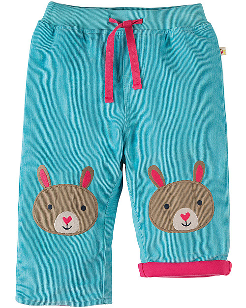 Frugi Pantaloni in Velluto Millerighe con Toppe Applique, Acqua