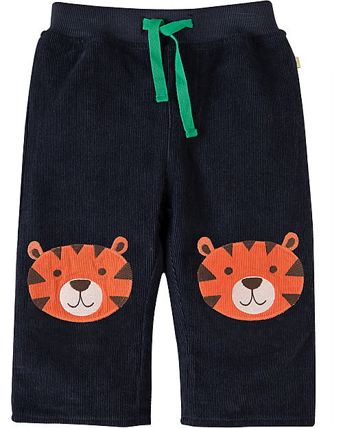 Frugi Pantaloni in Velluto Millerighe con Toppe Applique, Blu/Tigre - 100% cotone bio Pantaloni Lunghi