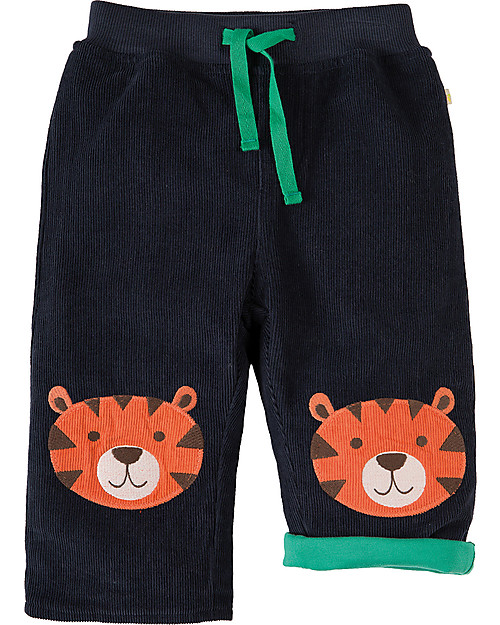 Frugi Pantaloni in Velluto Millerighe con Toppe Applique, Blu/Tigre - 100% cotone bio Pantaloni Lunghi