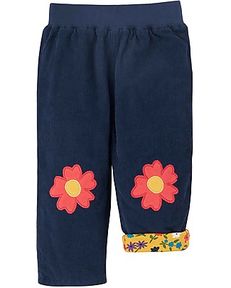 Frugi Pantaloni Reversibili Cord - Blu/Fiori - 100% Cotone Organico GOTS Pantaloni Lunghi