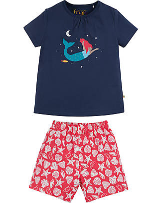 Frugi Pigiama Estivo Fearne - Sirena - Pantaloncini + Maglietta - 100% Jersey di Cotone Bio GOTS - Si Illumina al Buio! Pigiami