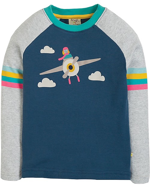 Frugi Raglan Top Arcobaleno, Blu/Pilota - 100% cotone bio Maglie Manica Lunga