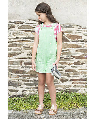 Frugi Salopette Corta Hazel - Verde/Margherita - Chambray Cotone Organico Salopette