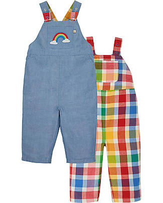 Frugi Salopette Reversibile Rio - Wells-Next-The-Sea - Quadri Arcobaleno e Jeans - Cotone Organico Salopette