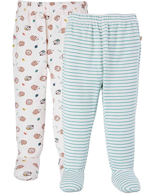 Frugi Set 2 Pantaloni con piedi - Ricci/Righe Bianche e Verdi - 100% cotone organico GOTS Pantaloni Lunghi