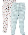 Frugi Set 2 Pantaloni con piedi - Ricci/Righe Bianche e Verdi - 100% cotone organico GOTS Pantaloni Lunghi