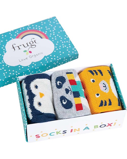 Frugi Set 3 Paia Calzini Paw-some Socks In a Box, Cosy Creatures - Cotone bio Calzini