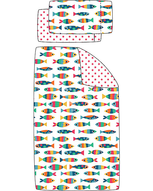 Frugi Set Copripiumino per Culla, Reversibile - Rainbow Fish - 120x150 cm + federa, 100% Cotone Bio Biancheria Culla