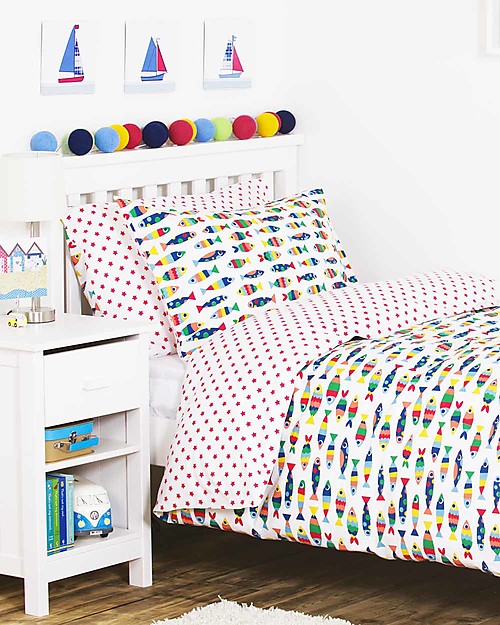Frugi Set Copripiumino per Letto Singolo, Reversibile - Rainbow Fish - 135x200 cm + federa - 100% Cotone Bio Lenzuola e Federe