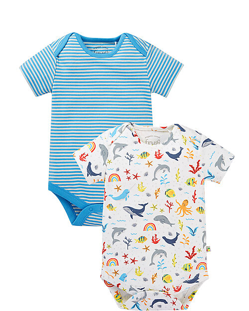 Frugi Set di 2 Body - Righe e Mare Arcobaleno - Cotone Bio Body Manica Corta