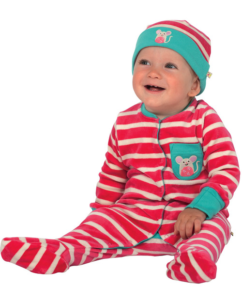 Frugi Set Tutina e Cappellino Lovely - TORNATO! Righe Lampone - Ciniglia di Cotone 100% Bio Tutine Lunghe
