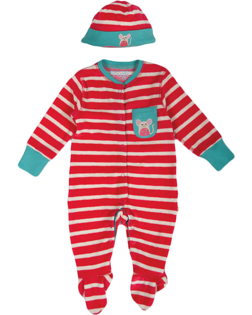 Frugi Set Tutina e Cappellino Lovely - TORNATO! Righe Lampone - Ciniglia di Cotone 100% Bio Tutine Lunghe