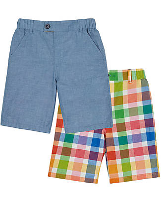 Frugi Short Reversibili Rhys - Arcobaleno- Check and Chambray - Day at the Museum - Cotone Organico Pantaloni Corti