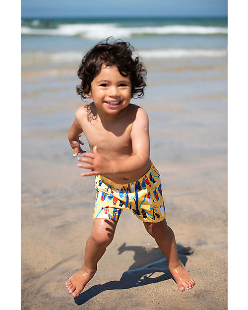 Frugi Shorts Mare Bimbo Boscastle - Daffodil Surfs Up - Giallo/Surf - 100% Tessuto Riciclato Boxer Mare
