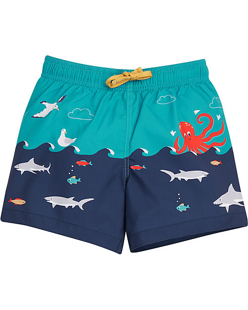 Frugi Shorts Mare Bimbo Polkerris - Lies Below Scene - Blu e Azzurro/Pesci - 100% Tessuto Riciclato Boxer Mare