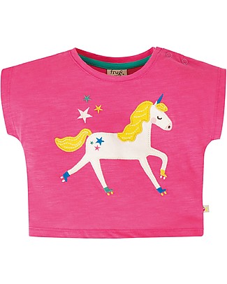 Frugi T-Shirt Bimba Effetto Fiammato Sophia - Rosa/Unicorno - 100% cotone bio Top