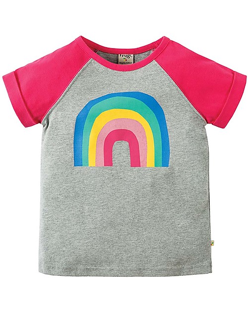 Frugi T-Shirt Bimba Nancy, Grigio e Fucsia/Arcobaleno - 100% cotone bio Maglie Manica Lunga