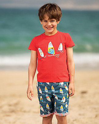 Frugi T-shirt Bimbo Stanley - Rosso/Barchette - 100% Cotone Bio T-Shirt e Canotte