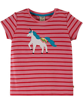Frugi T-Shirt con Applique Camille - Rosso e Rosa chiaro - Righe/Unicorno - City Dogs - Cotone Organico T-shirt