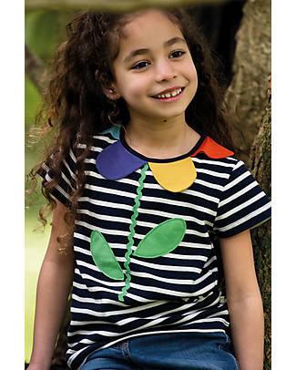 Frugi Top con Colletto in Petali 3D Flower - Indaco/Fiore - 100% Cotone bio T-shirt