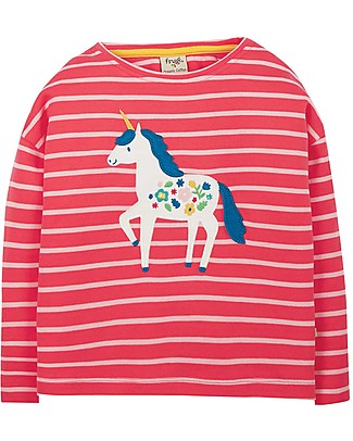 Frugi Top Tori Boxy - Righe Rosse/Unicorno - Cotone bio Maglie Manica Lunga