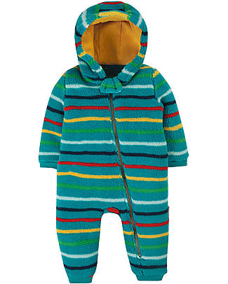 Frugi Tuta Imbottita in Pile Explorer - Azzurra Righe Arcobaleno - Realizzato con bottiglie di plastica riciclata! Tute Invernali