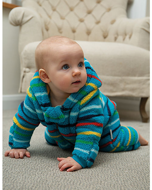 Frugi Tuta Imbottita in Pile Explorer - Azzurra Righe Arcobaleno - Realizzato con bottiglie di plastica riciclata! Tute Invernali