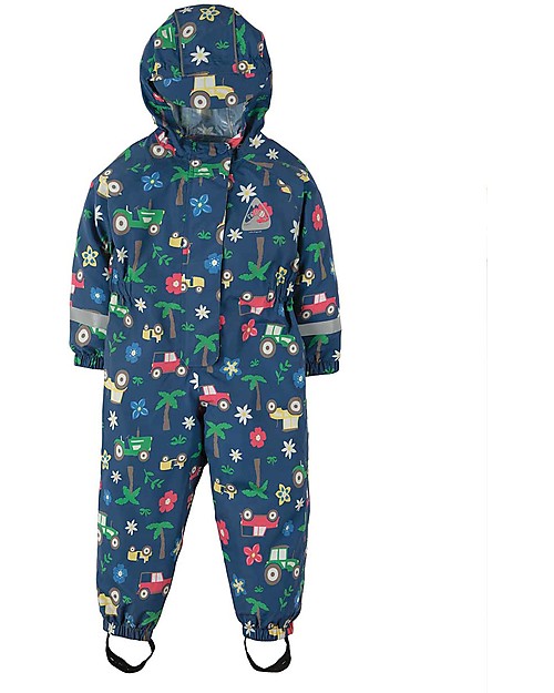 Frugi Tuta Impermeabile Puddle Buster Suit, Marine Blue Tractors - 100% materiale riciclato! Tute Invernali
