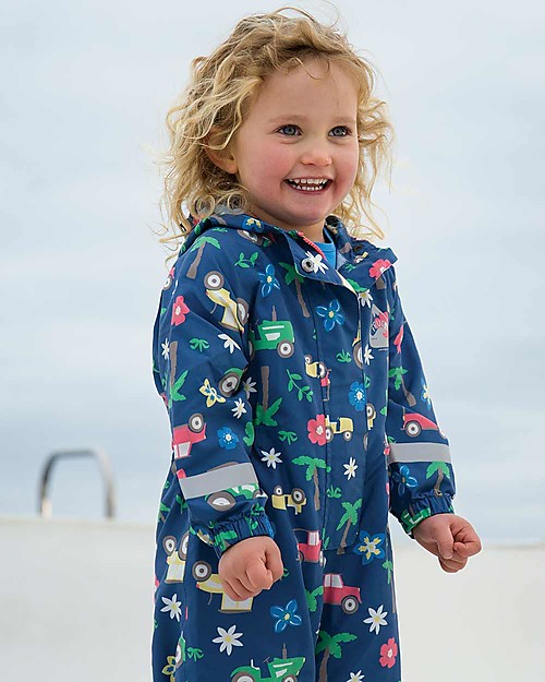 Frugi Tuta Impermeabile Puddle Buster Suit, Marine Blue Tractors - 100% materiale riciclato! Tute Invernali