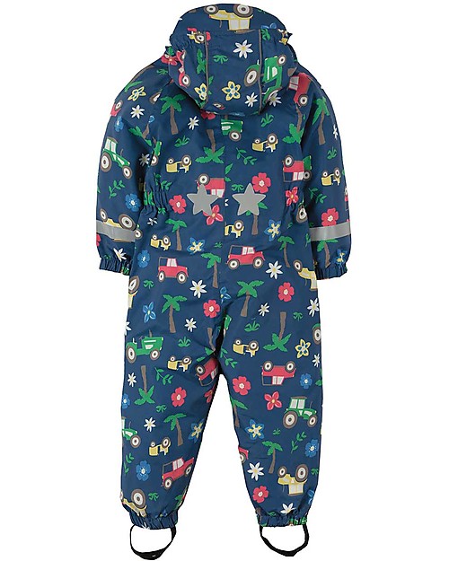 Frugi Tuta Impermeabile Puddle Buster Suit, Marine Blue Tractors - 100% materiale riciclato! Tute Invernali