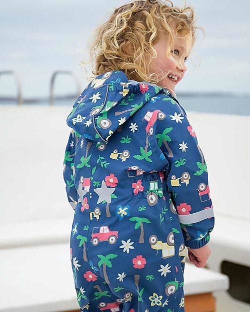 Frugi Tuta Impermeabile Puddle Buster Suit, Marine Blue Tractors - 100% materiale riciclato! Tute Invernali