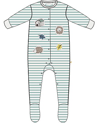 Frugi Tutina a Righe Con Applique - Bianco & Verde Tutine Lunghe