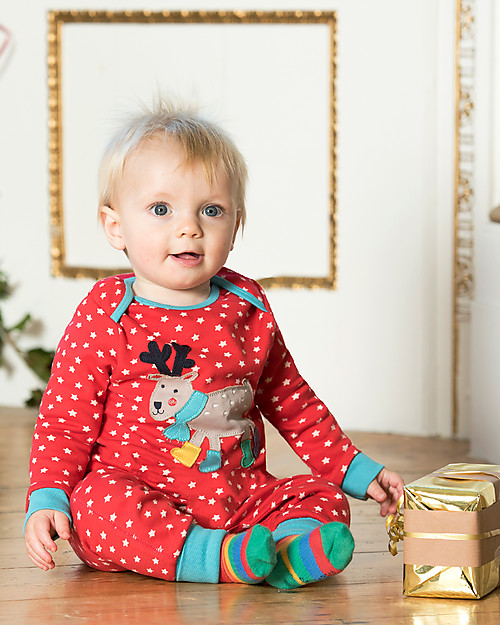 Frugi Tutina Charlie, Rossa con Stelle/Renna - 100% cotone bio Tutine Lunghe