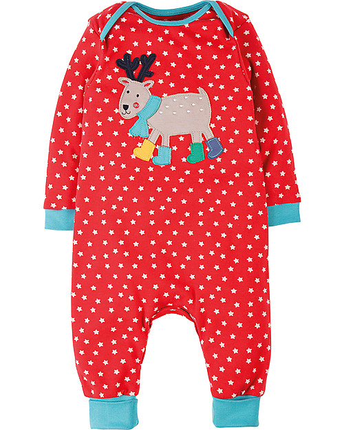 Frugi Tutina Charlie, Rossa con Stelle/Renna - 100% cotone bio Tutine Lunghe