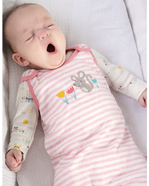 Frugi Tutina Con Piedi & Body a Manica Lunga, Rosa a Righe/Topolino - 100% cotone bio Tutine Lunghe