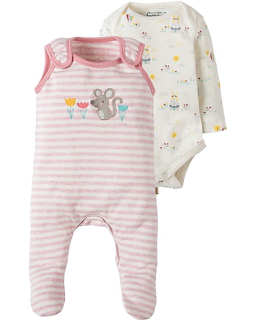 Frugi Tutina Con Piedi & Body a Manica Lunga, Rosa a Righe/Topolino - 100% cotone bio Tutine Lunghe