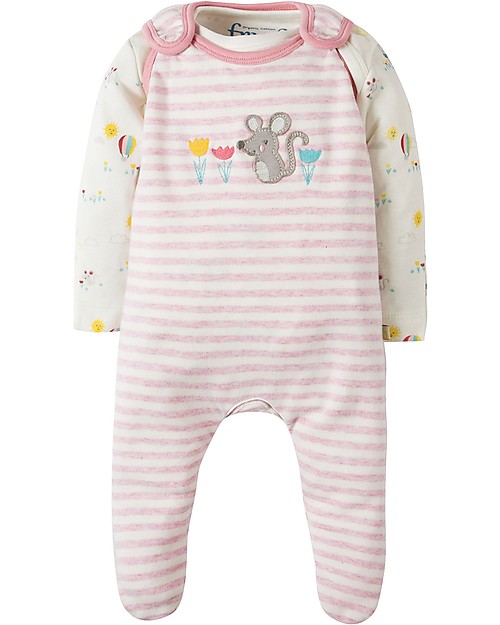 Frugi Tutina Con Piedi & Body a Manica Lunga, Rosa a Righe/Topolino - 100% cotone bio Tutine Lunghe