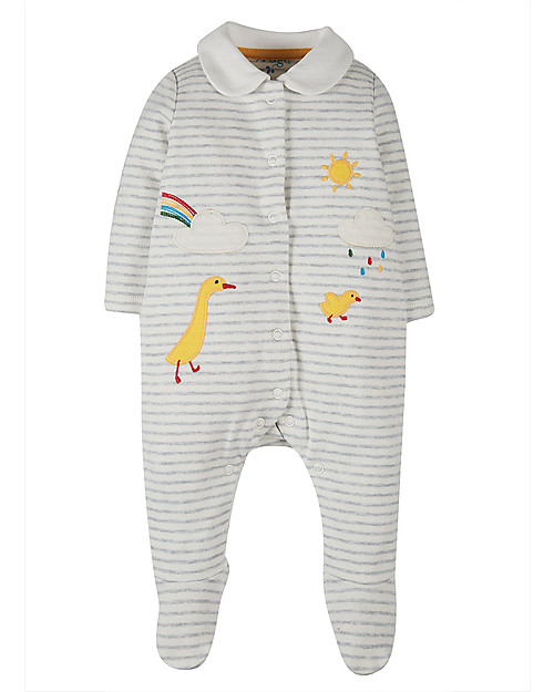 Frugi Tutina con Piedi e Colletto - Righe Grigie/Papere - 100% Cotone Bio Tutine Lunghe