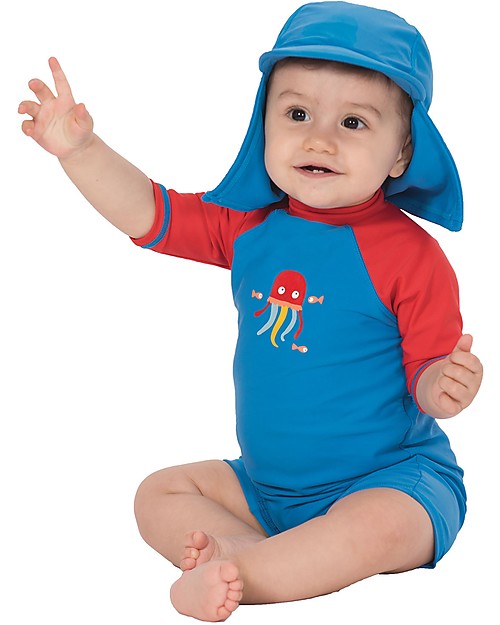 Frugi Tutina Costume da Mare, Celeste con Medusa - Protezione solare SPF 50+! T-shirt Anti UV