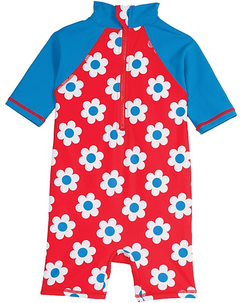 Frugi Tutina Costume da Mare, Rosso con fiori - Protezione solare SPF 50+! T-shirt Anti UV