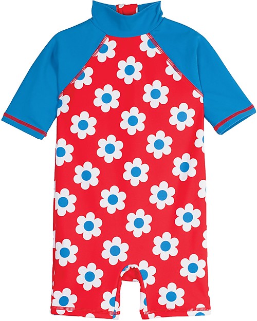 Frugi Tutina Costume da Mare, Rosso con fiori - Protezione solare SPF 50+! T-shirt Anti UV