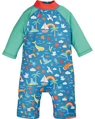 Frugi Tutina Costume Little Sun Safe - Aqua/Fishing for Rainbows - Blu/Arcobaleni e Creature del Mare - UPF 40+ T-shirt Anti UV