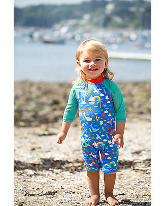 Frugi Tutina Costume Little Sun Safe - Aqua/Fishing for Rainbows - Blu/Arcobaleni e Creature del Mare - UPF 40+ T-shirt Anti UV